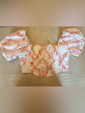 Altar'd State Cream Crop Top with Pink & Peach Floral Puff Sleeves